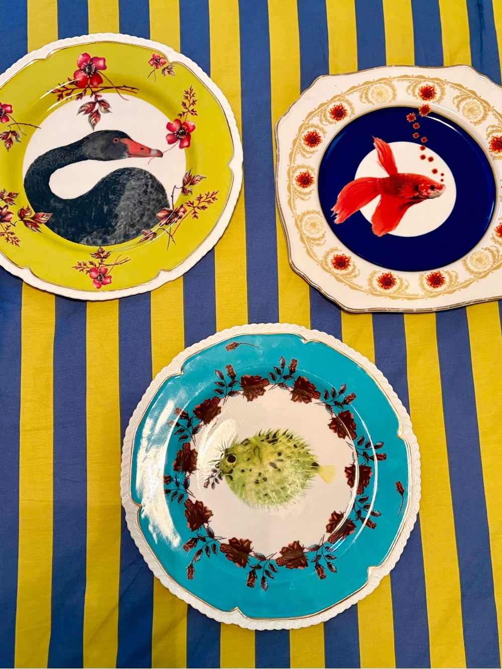 Anthropologie Decorative Fish & Bird Accent Plate - Turquoise, Yellow, Navy